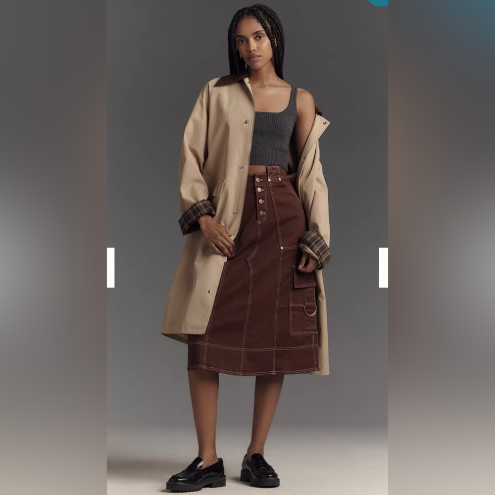 Pilcro_ Anthropologie ,Rust-Brown Button Skirt with Contrast Stitching